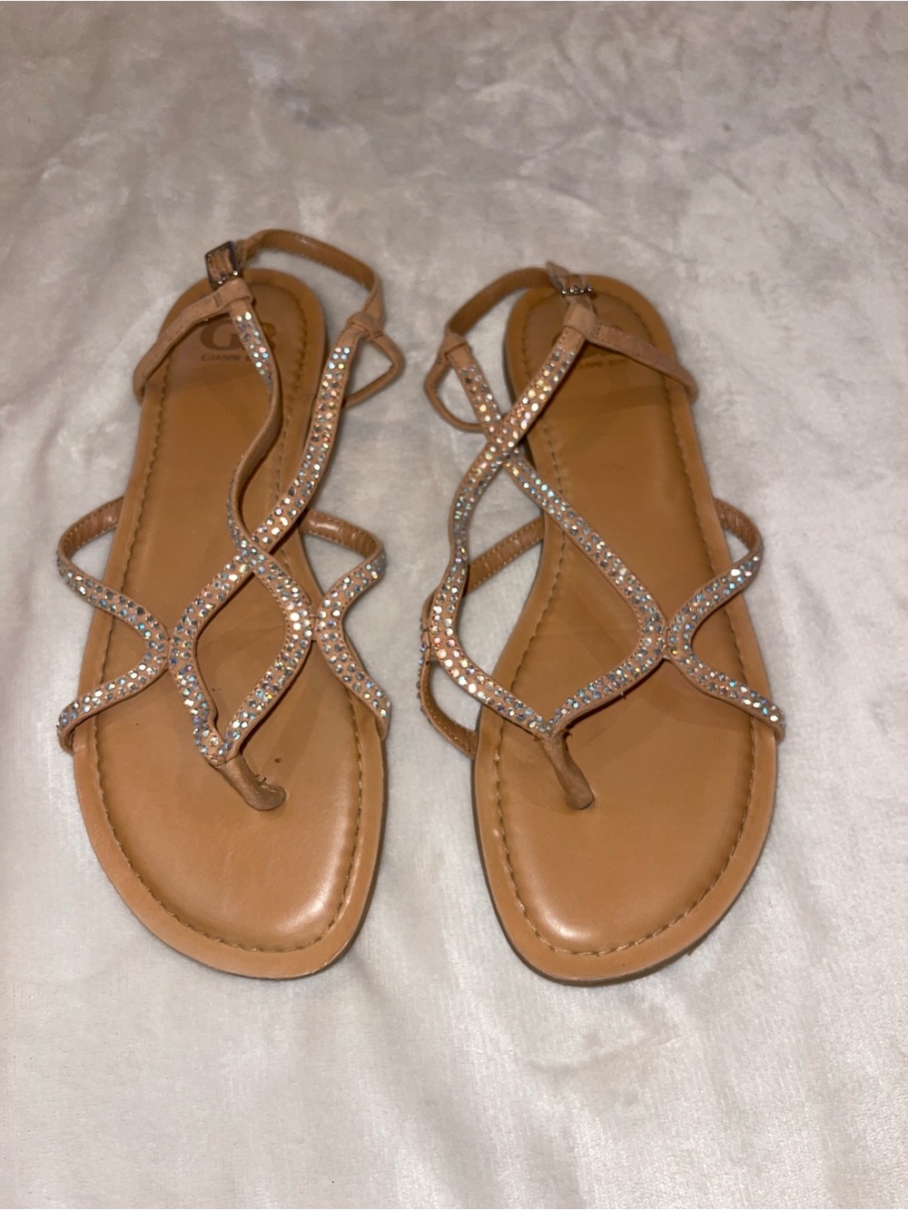 Gianni Bini Rhinestone Strappy Flat Sandals Tan Women’s Size 10